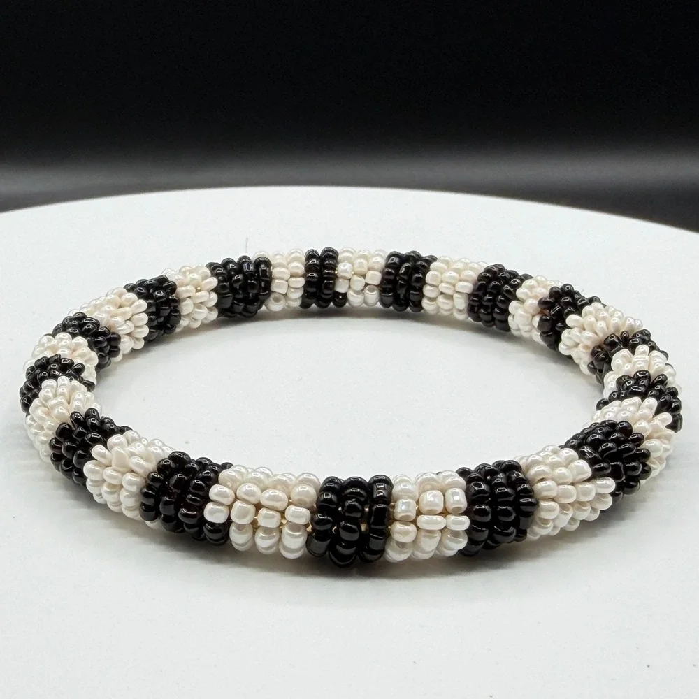 Black White Seed Bead Bangle Bracelet Boho Stretch Statement Handmade Gift Chic
